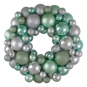 Northlight 3-Finish Shatterproof Ball Christmas Wreath - 13" - Silver and Seafoam Green - Unlit - 1 of 3