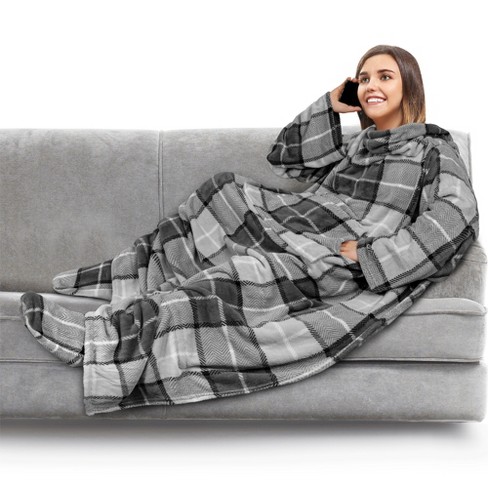 Pavilia Wearable Blanket With Sleeves And Foot Pockets Fleece Warm Snuggle Pocket Sleeved Throw For Women Men Adults Plaid Charcoal fleece Target