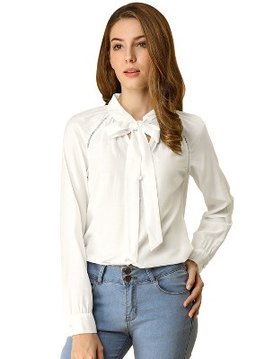 White Bow Tie Neck Shirt Women Long Sleeve Spring Ladies Office Work Blouse  Tops