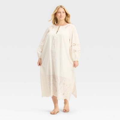 Women's Long Sleeve Eyelet Caftan A-Line Dress - Future Collective Cream