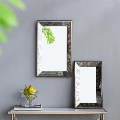 VYNXARIA 20" x 12" Antique Silver Rectangle Mirror with Floral Accents, Mirrored Display Tray, Hanging Wall Mirror