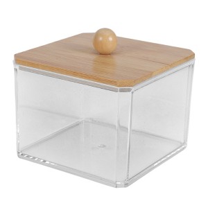 Unique Bargains Square Bamboo Cover Acrylic Cotton Swab Holder Bathroom Transparent Wood-Tone 1 Pc - 1 of 4