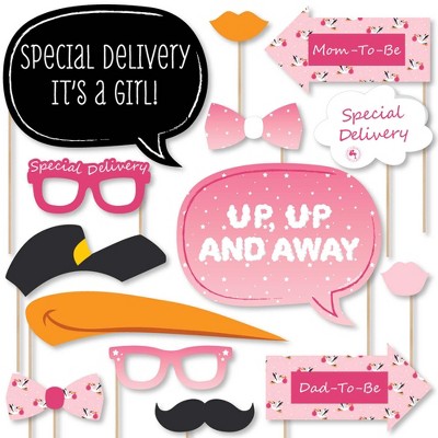 Big Dot of Happiness Girl Special Delivery - Pink It's a Girl Stork Baby Shower Photo Booth Props Kit - 20 Count