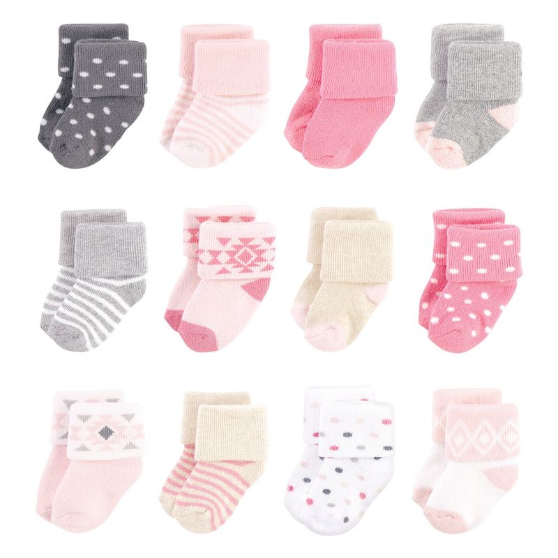 Hudson Baby Infant Girl Cotton Rich Newborn and Terry Socks, Pink Gray Aztec, 1 of 4