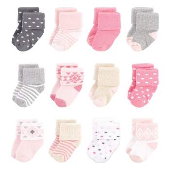 Hudson Baby Infant Girl Cotton Rich Newborn and Terry Socks, Pink Gray Aztec
