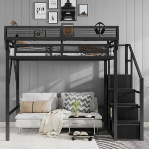 Full Size Black Metal Loft Bed with Stairs Storage Shelves and High Loft Bed with Wardrobe for Kids Teens - 1 of 4