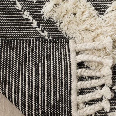 Hand-Knotted Black and Ivory Wool Geometric Runner Rug