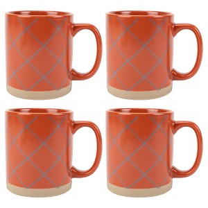 Elanze Designs Modern Plaid Raw Clay Bottom Orange 16 ounce Ceramic Coffee Mugs Set of 4 - 1 of 4