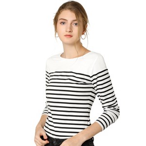 INSPIRE CHIC Women's Color Block Round Neck Long Sleeves Striped Basic T-Shirt - 1 of 4