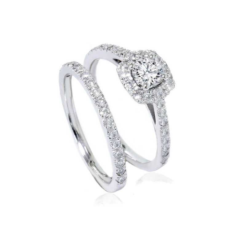 Pompeii3 1 ct Diamond Cushion Halo Engagement Wedding Ring Set 14k White Gold, 4 of 6