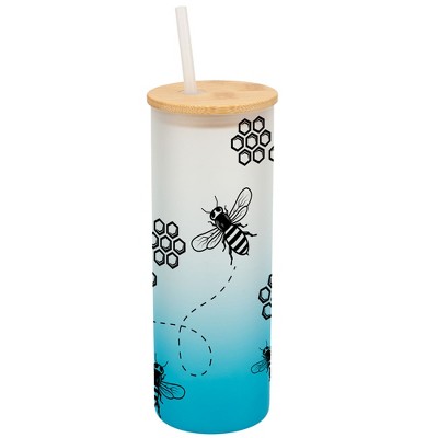 Elanze Designs Honeycomb Queen Bumble Bee Hive Wrap-Around Design 25 Ounce Frosted Gradient Glass On-The-Go Coffee Travel Skinny Tumbler Mug Cup,