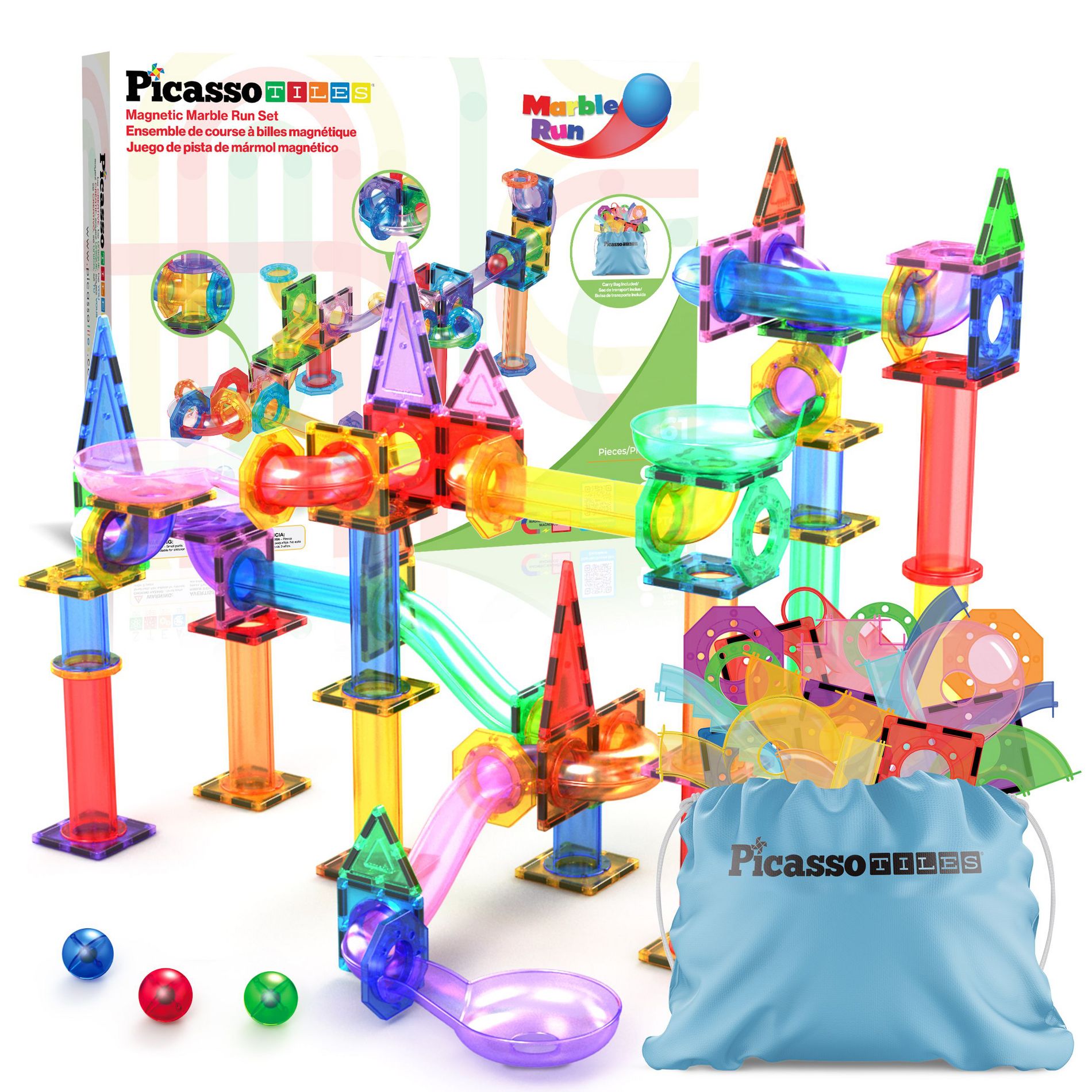 PICASSO-TILES Marble Run Magnetic Tiles for Kids, Construction Magnet Tiles Race Track Building Blocks STEM Toy, 61 PCS