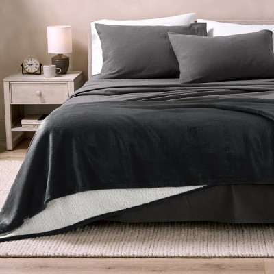 Black Reversible Sherpa Fleece Throw Blanket