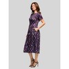24seven Comfort Apparel Womens Purple Print Short Sleeve Pleated Flare Midi Pocket Dress - 2 of 4