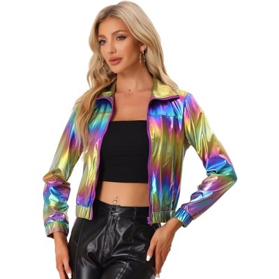 Allegra K Women's Holographic Shiny Long Sleeve Metallic Zip Front ...