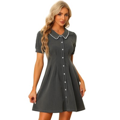 INSPIRE CHIC Women's Chambray Puff Button Front Flare A-line Mini Shirt Dresses