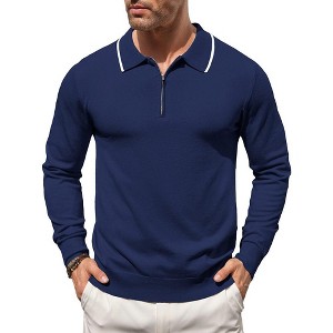 COOFANDY Men's Knit Polo Shirt Long Sleeve Quarter Zip Polo Sweater Casual Golf Shirts Vintage Striped Collar Polo - 1 of 4