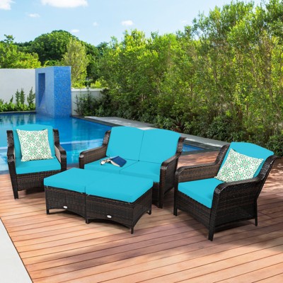Turquoise Cushioned 5-Piece Rattan Patio Sofa Set