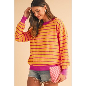 I AM A FASHION JUNKY Orange Stripe Round Neck Drop Shoulder Loose Sweater - 1 of 4