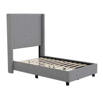 Merrick Lane Modern Platform Bed - Gray Faux Linen - Queen - Padded Wingback Headboard - 8.5" Floor Clearance - Wood Support Slats - No Box Spring Needed