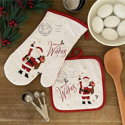 Santa Christmas Wishes Holiday Oven Mitt and Pot Holder Gift - Set of 2, 100% Cotton - Elrene Home Fashions