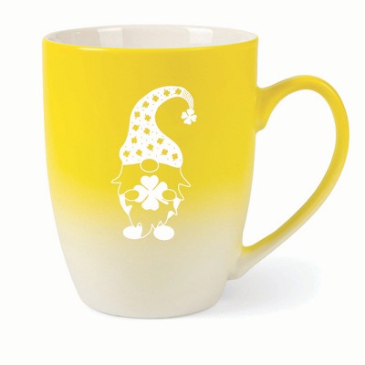 Elanze Designs Gnome With Clover Pattern On Hat Two Toned Ombre Matte 10 ounce New Bone China Coffee Tea Cup Mug, Yellow and White