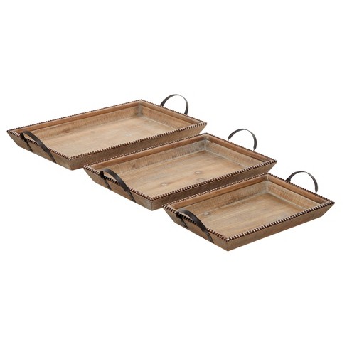 Set Of 3 Wood Tray With Beaded Border And Metal Handles Black/brown ...