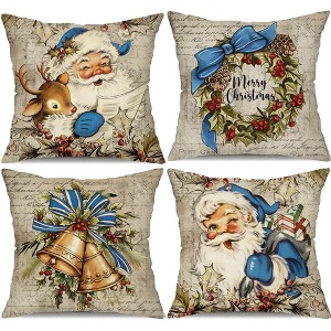 Christmas Pillow Covers 18x18 inch Set of 4 Santa Claus Reindeer - Blue - 1 of 3