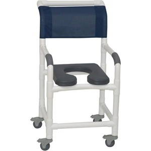MJM International Corporation Shower chair 18 in width 3 in total locking casters PALM ISLAND front seat BLUE designer mesh backrest sling 300 lb wt - 1 of 1