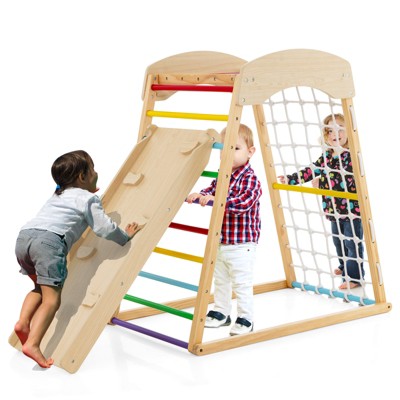 Safstar 6-in-1 Wood Jungle Gym Montessori Climbing Play Set w/Double-sided Ramp Colorful