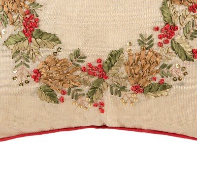 Festive Beige and Red Embroidered Wreath Throw Pillow