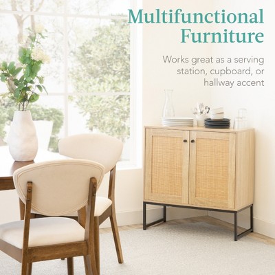 Natural Rattan 2-Door Storage Cabinet with Black Metal Legs