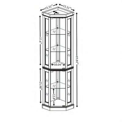 69.84'' Dark Cherry Corner Glass Cabinet Lighted Curio Cabinet Corner Display Case