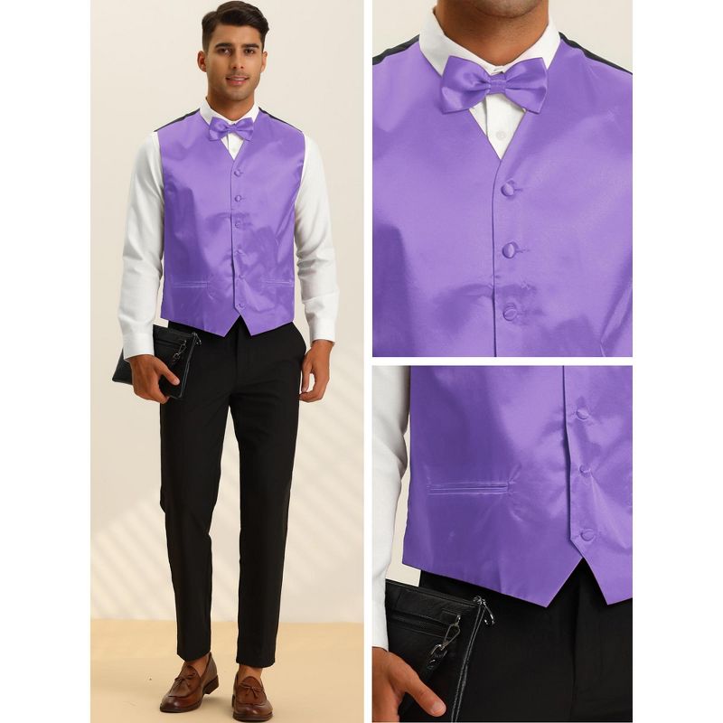 Lars Amadeus Men's V-Neck Business Wedding Satin Suit Vest with Bow Tie Set, 4 of 6