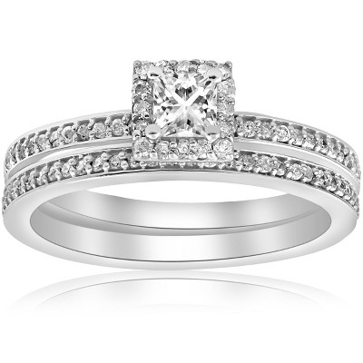 Pompeii3 5/8Ct Princess Cut Diamond Engagement Matching Wedding Halo Ring Set White Gold