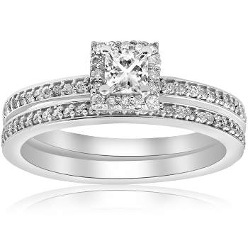Pompeii3 5/8Ct Princess Cut Diamond Engagement Matching Wedding Halo Ring Set White Gold