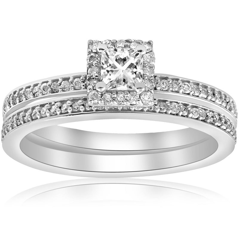 Pompeii3 5/8Ct Princess Cut Diamond Engagement Matching Wedding Halo Ring Set White Gold, 1 of 6