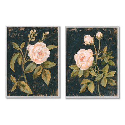 Stupell Industries Enchanted Vintage Pink Rose Florals Distressed Black