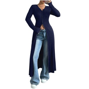 Coolmee Women's Button Down Long Cardigan V Neck Slit Ribbed Knit Sweater Casual Going Out Tops - 1 of 4