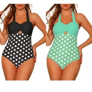 Elerevyo Women's Halterneck Polka Dot Monokini Tummy Control Cut Out String Swimsuit Bathing Suits 2 Sets - 1 of 4