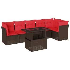 vidaXL 7 Piece Garden Sofa Set with Cushions Brown Poly Rattan - 1 of 4