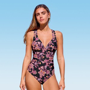 Women's Floral Tummy Control Crisscross Tie Back One-Piece Swimsuit - Cupshe - 1 of 4