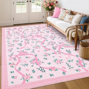 Floral Rugs for Living Room Bedroom Washable Bow Pattern Area Rug Non Slip Low Pile Indoor Home Decor Carpet - 1 of 4