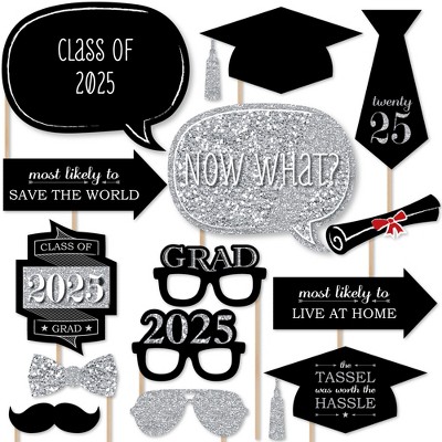 Big Dot of Happiness Silver Graduation Party - 2025 Grad Photo Booth Props Kit - 20 Count