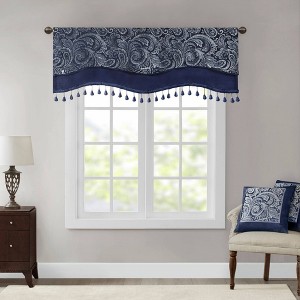 50"x18" Valerie Jacquard Room Darkening Window Curtain Panel with Beads Navy: Madison Park, Traditional Faux Silk, Rod Pocket - 1 of 4