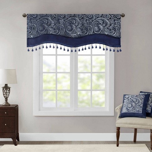 50x18 Valerie Jacquard Room Darkening Window Curtain Panel With Beads  Navy : Target