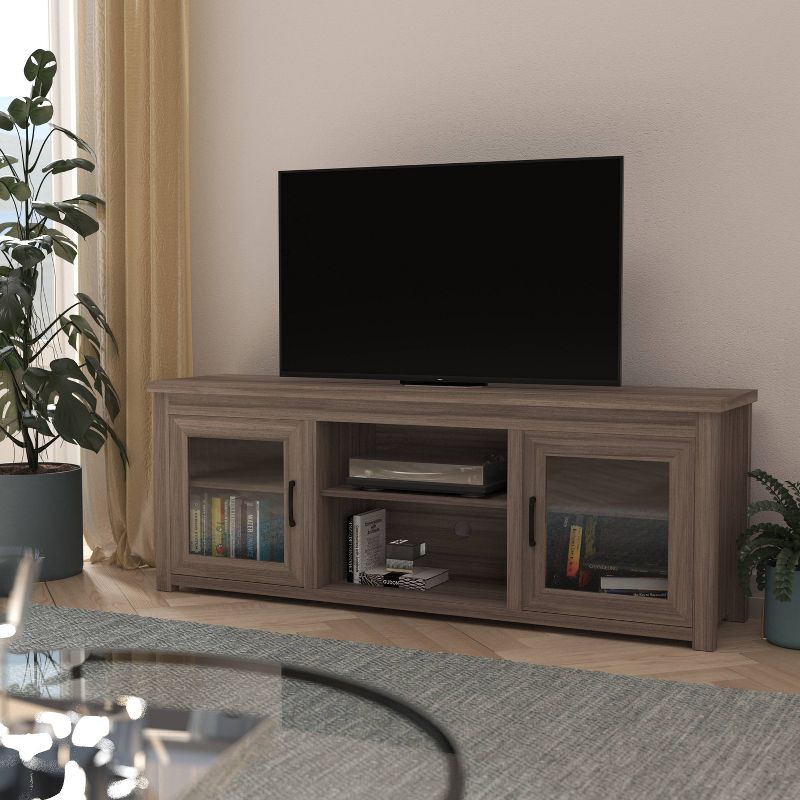 65&#34; Traditional Full Glass Door TV Stand for TVs up to 80&#34; Gray Wash Oak - Merrick Lane, 1 of 13