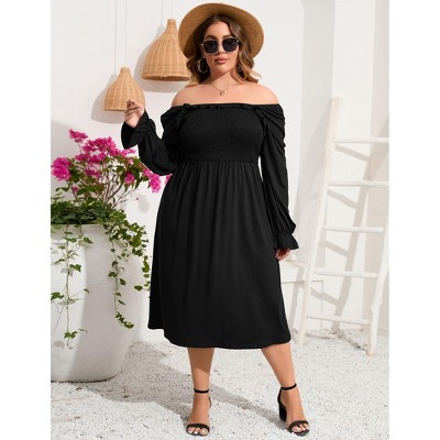 Coolmee Women's Plus Size Dress Ruffle Long Sleeve Square Neck Dress High Waist Smocked Tunic Dress A Line Midi Knee Length Dress