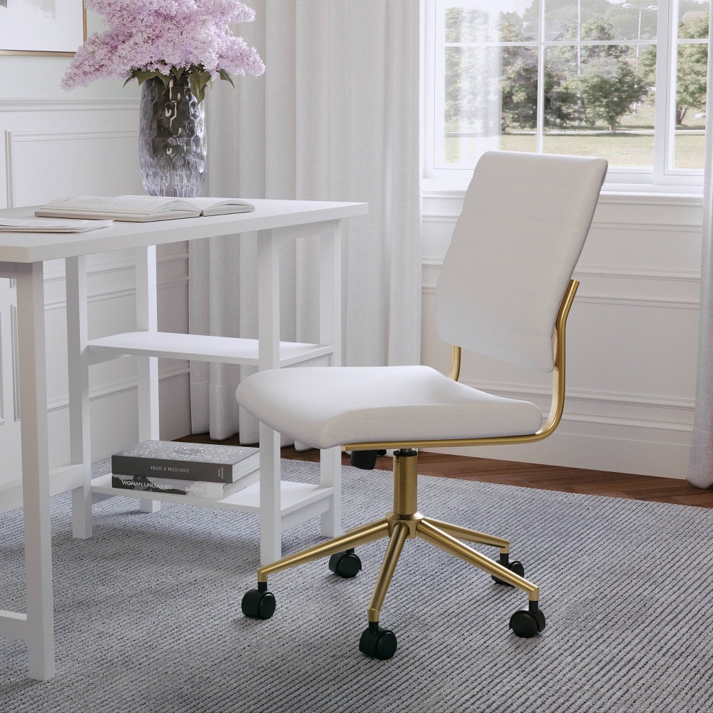 Photos - Computer Chair Martha Stewart Upholstered Office Armless Chair White/Polished Brass  