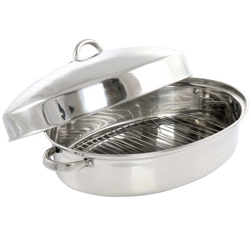 Nutrichef Oval Roasting Pan, Roaster with Polished Rack, Wide Handle and Stainless Steel Lid